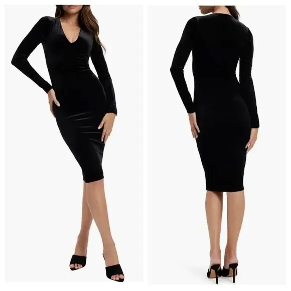 Good American Plunge Neck Long Sleeve Velvet Midi Dress, 0 - Picture 2 of 2